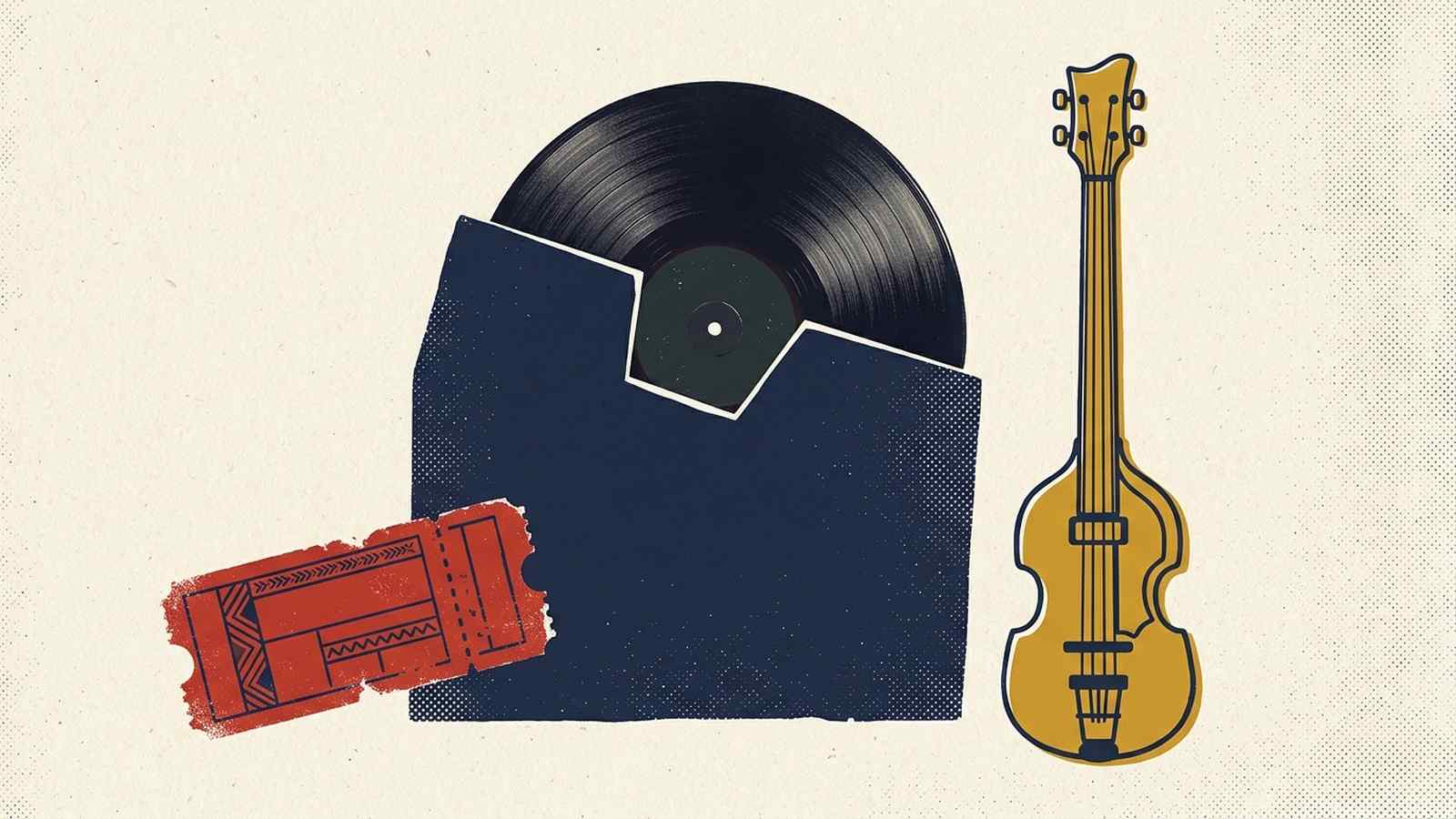 Illustration of a vinyl record, a navy record sleeve and a vintage concert ticket